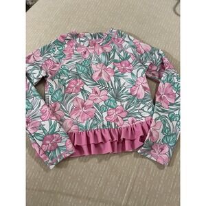 Tommy Bahama 4/5 Girls L/S Rash Guard‎ Swimsuit Top Pink Ruffle Hibiscus